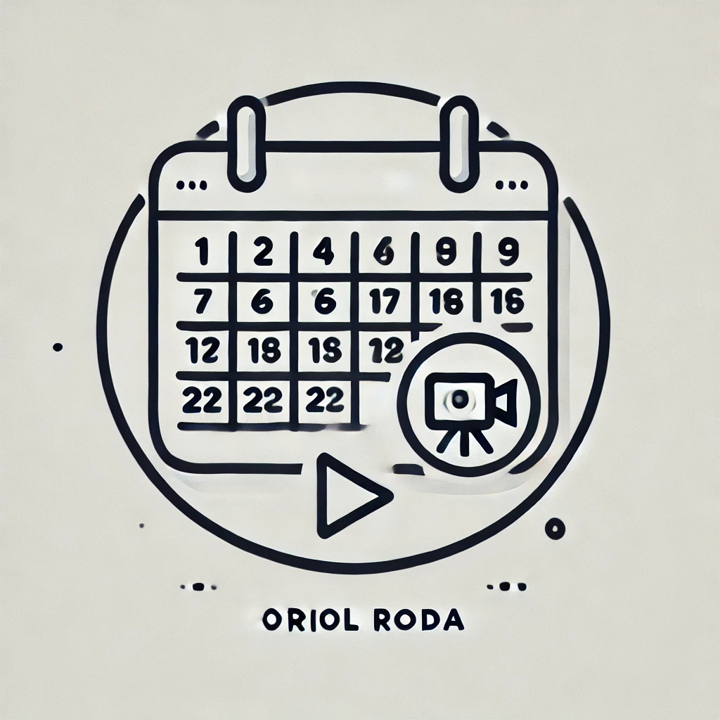 A minimalist icon representing monthly live sessions with Oriol Roda. Show a calendar with a video play button or a small camera icon, symbolizing live interactions. Keep the design simple and modern with clean lines, in the same style as previous icons, to convey the idea of consistent monthly live meetings.