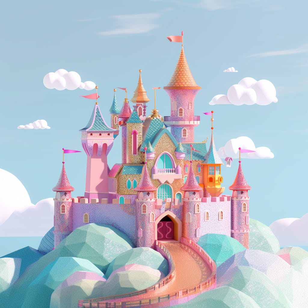 A pink, aqua, and gold sparkly castle with glitter walls. The castle is surrounded by aqua glittery faceted dome boulder kind of things. The image is overall lovely to look at but has a lot of internal inconsistencies like rooftops that bleed into each other and a road to nowhere and a floating window.