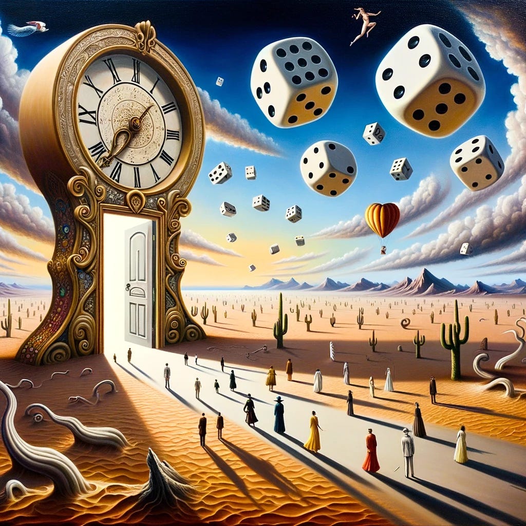Surrealistic oil painting in the style of Salvador Dali showing a vast desert landscape. In the center stands a large, ornate door slightly ajar, symbolizing the idea of not waiting for permission. Floating above are dice with faces of confident individuals, representing the notion of betting on oneself. From the horizon, long shadows of diverse people approach, signifying betting on others. To one side, a large intricately designed clock melts, symbolizing the unpredictability of time and the warning against over-planning. In the distance, a heart-shaped balloon floats towards an unexpected destination, hinting at the idea of falling in love with the unknown.