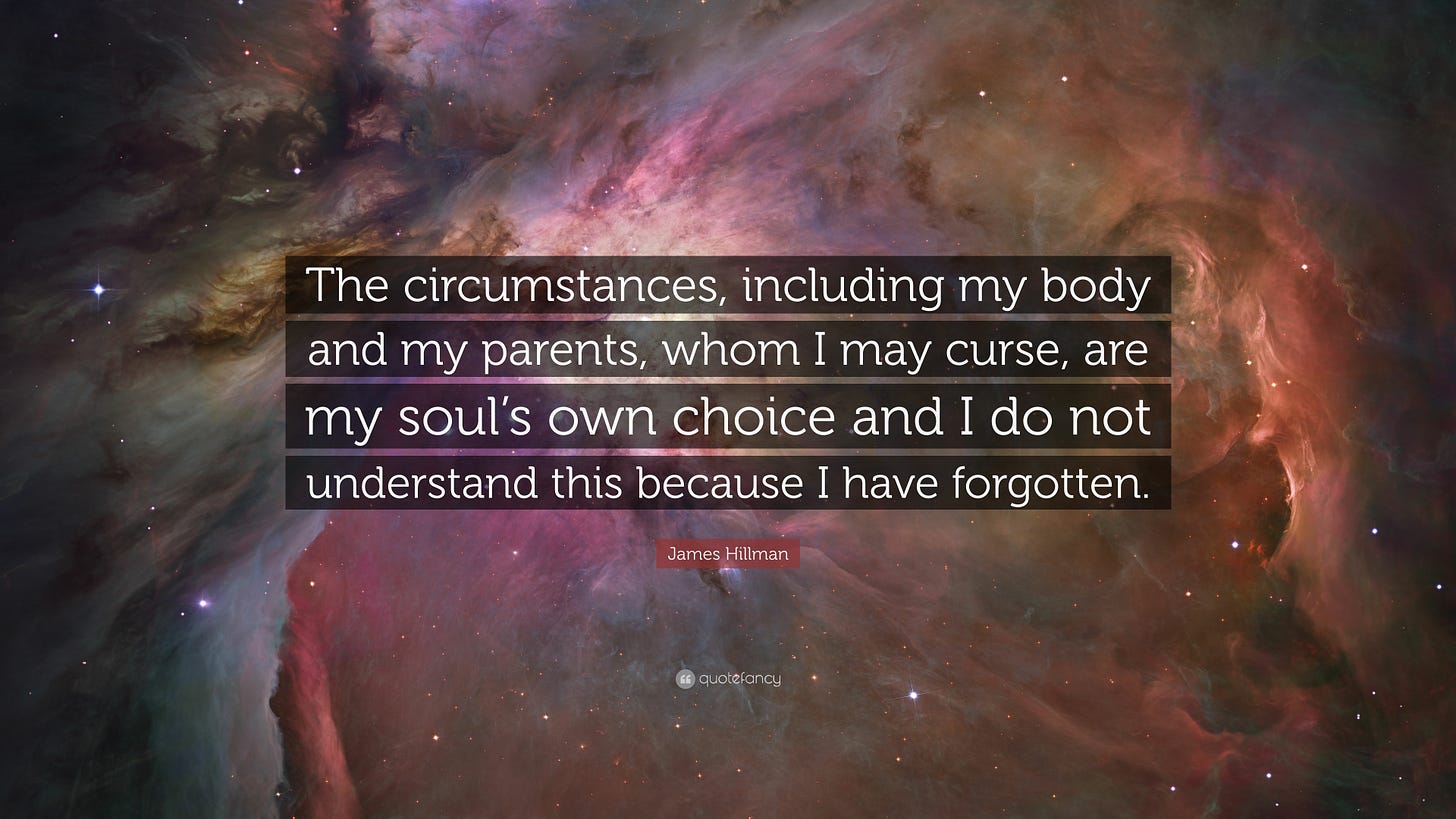 James Hillman Quote: “The circumstances, including my body and my parents,  whom I may curse, are my soul's own choice and I do not understand ...”
