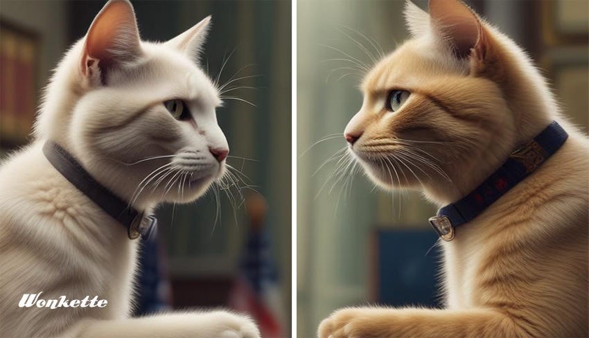 AI image of a white cat and a ginger cat facing each other as if debating; the background is vaguely Oval Office-y