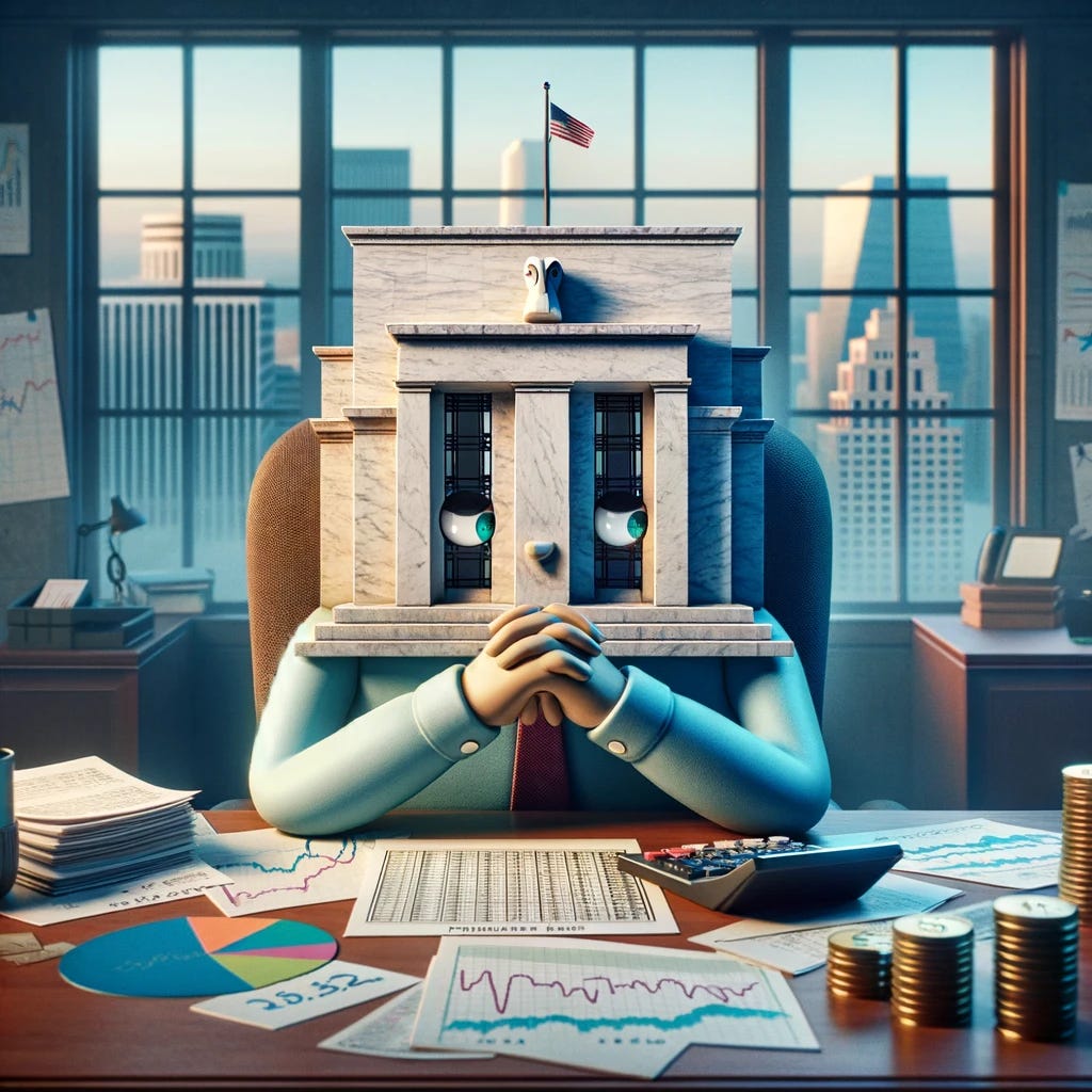 An anthropomorphized building representing the Federal Reserve, portrayed as a thoughtful character. The building has a face with eyes and a contemplative expression, sitting at a large desk covered with financial papers, charts showing economic trends, and a calculator. The setting is an office with a cityscape visible through a window in the background, symbolizing the Federal Reserve's influence on the economy. The scene conveys a sense of deliberation over interest rate cuts, with a mood of seriousness and focus.