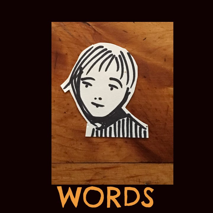 cartoon face over the word "Words"