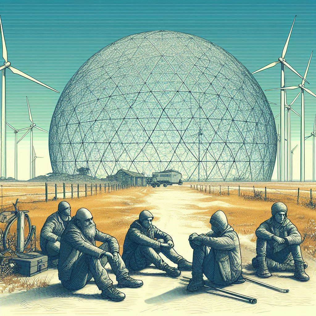 a group of homeless men sitting in front of a geodesic dome in empty plains, wind turbines in the background, solarpunk drawing