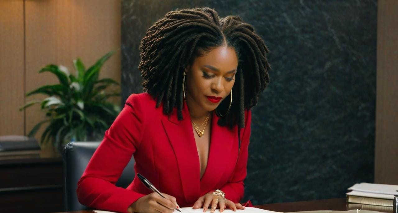 Black Woman  with locs wearing in a red dress and business suit writing a letter