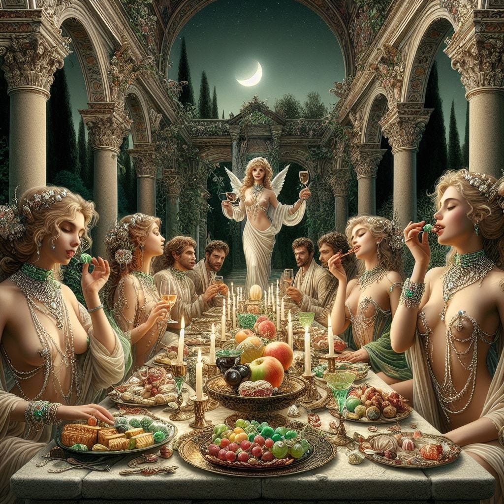 show me an outdoor Renaissance loggia in a garden at night with angelic girls scantily dressed in pearls, emeralds, diamonds and rubies leading courtly gentlemen to a banquet with elixirs and marzipan fruits 