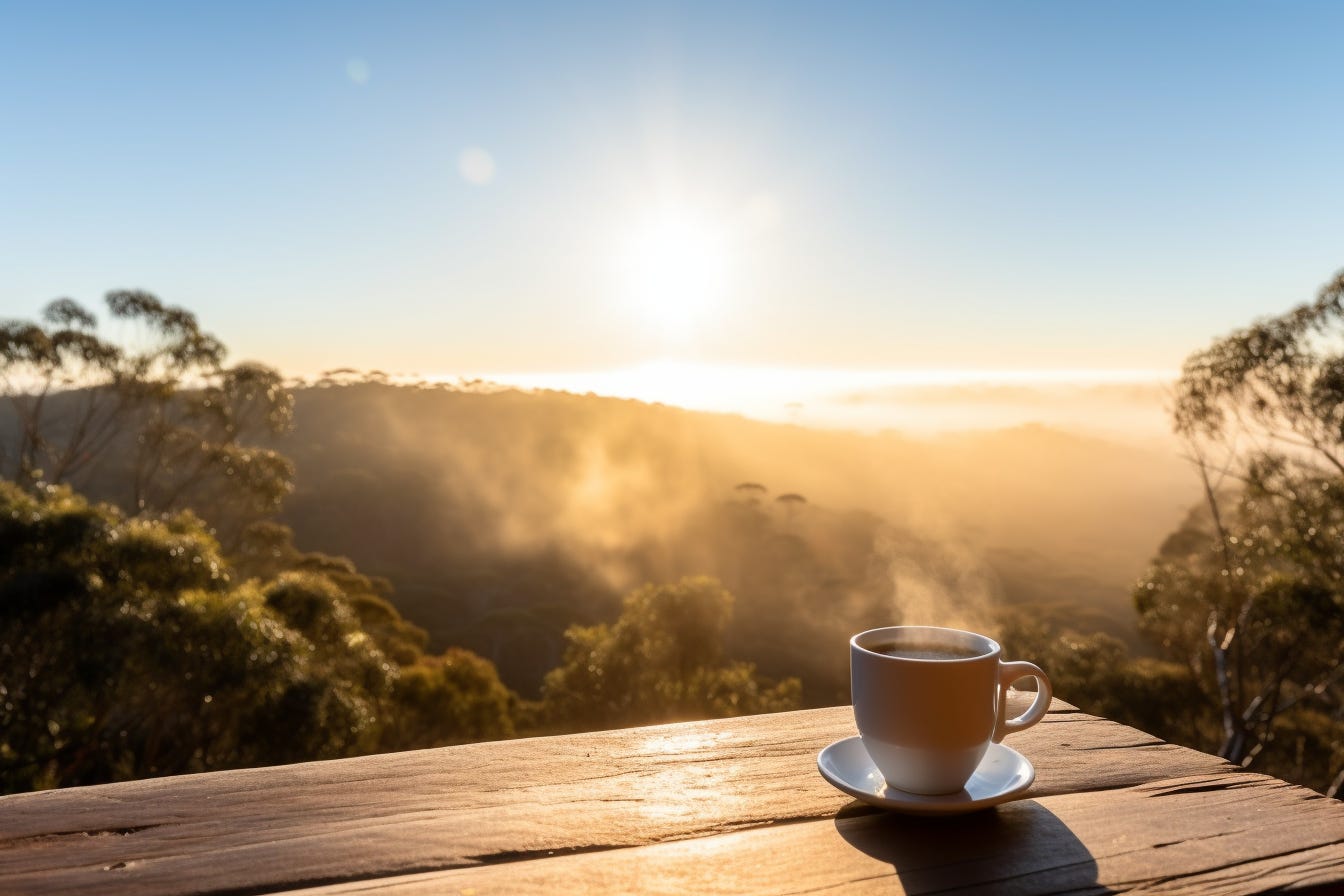 A steaming cup of coffee on a table overlooking a foggy morning bushland.