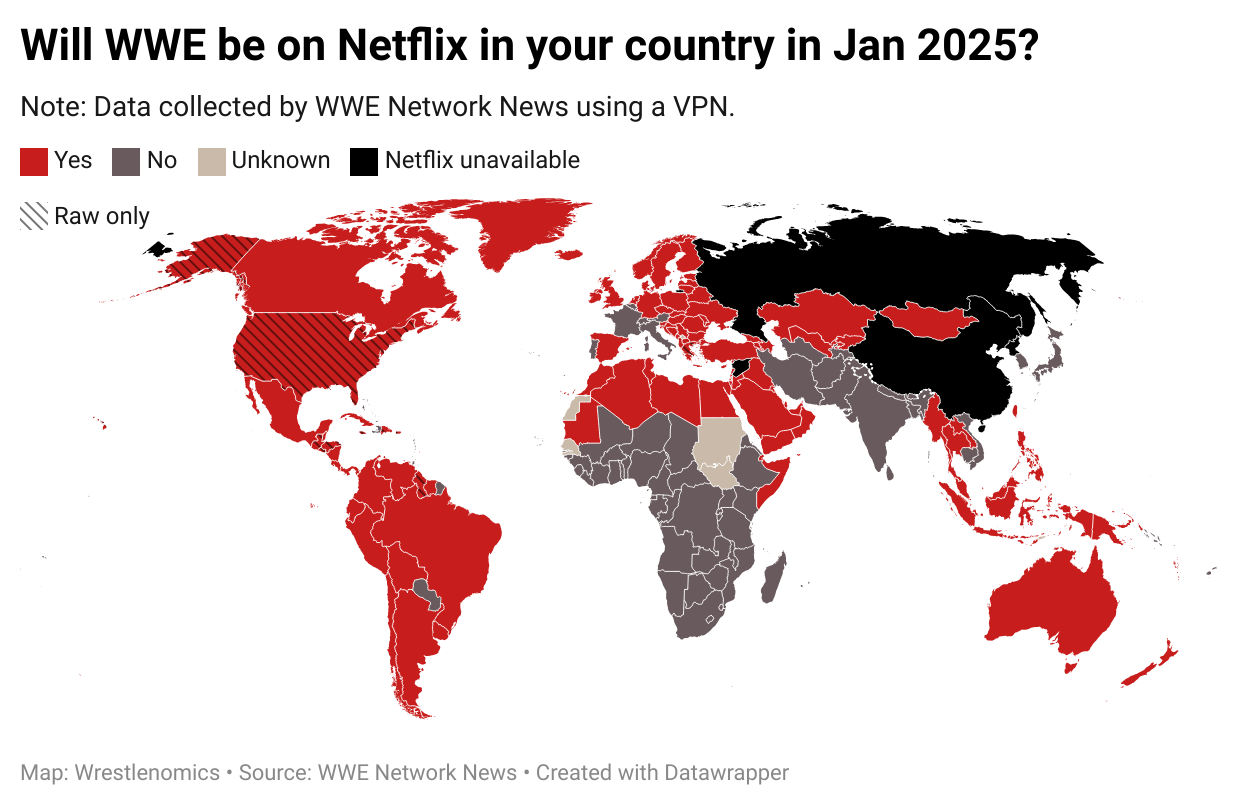 Interactive map detailing which countries WWE content will be available on Netflix in beginning in January.