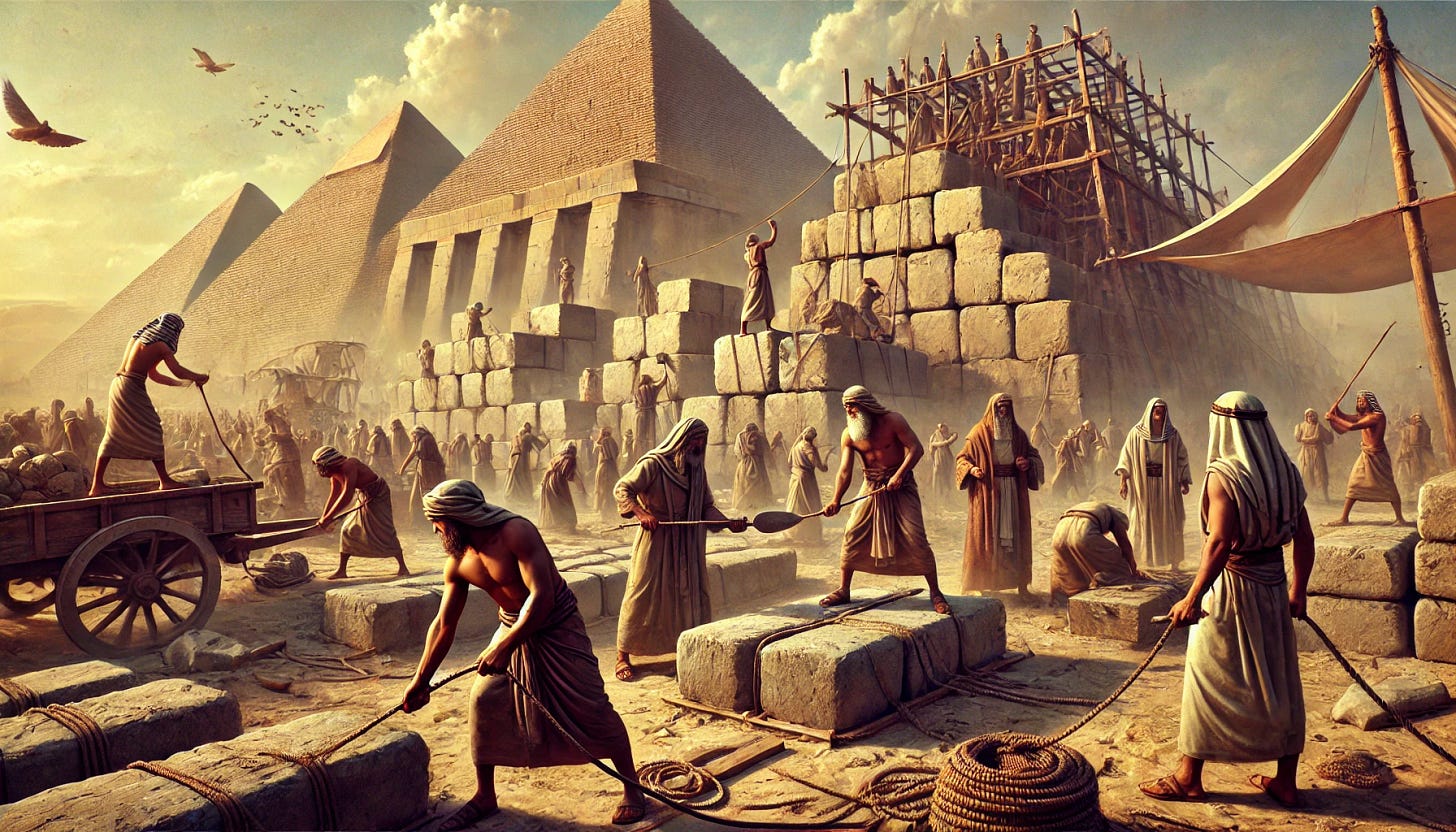 A scene depicting the nation of Israel in Egyptian bondage, working under the hot sun on massive stone structures. The image shows Israelites laboring with ropes and tools, dragging large stones, and chiseling blocks for construction, while Egyptian overseers dressed in traditional attire stand watch. In the background, tall, unfinished pyramids and other Egyptian monuments rise under a clear sky, reflecting ancient Egypt's grandeur. The mood is one of hardship and toil, with dust and sweat marking the workers' exhaustion.