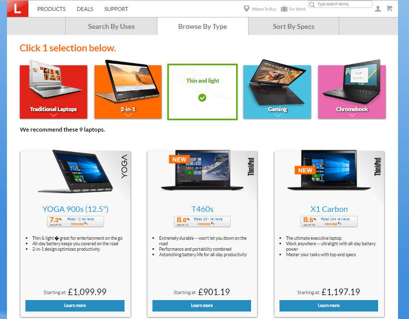 A screen capture from the UK Lenovo product results page