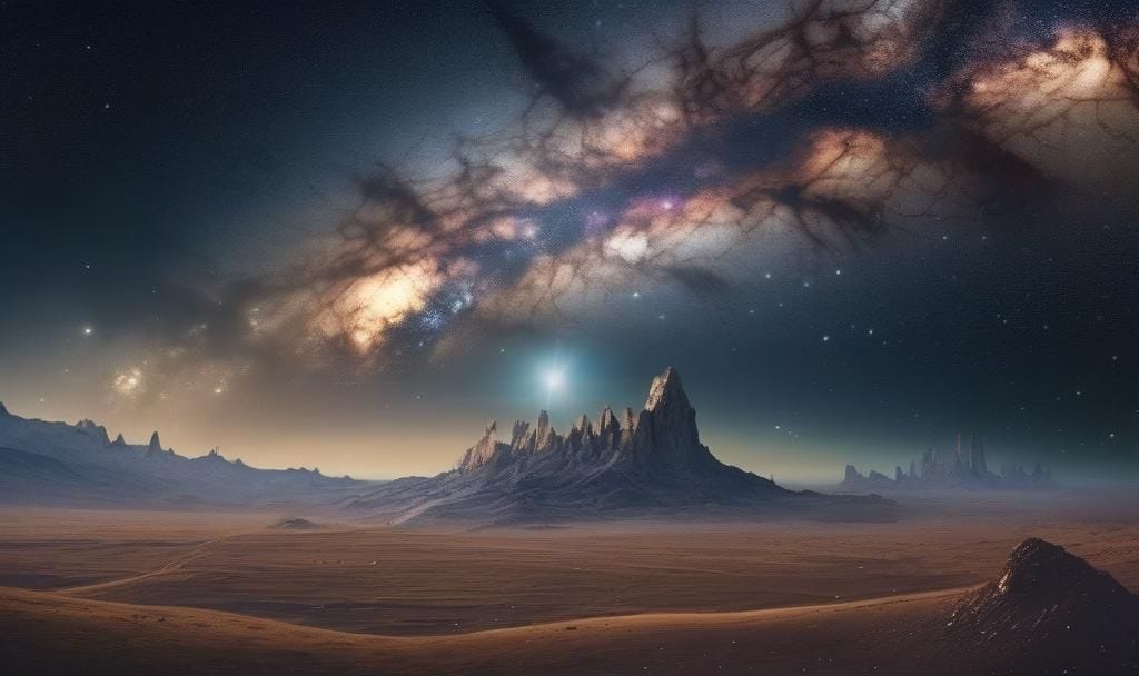 AI-generated image of the Milky Way galaxy in the night sky over a desert landscape
