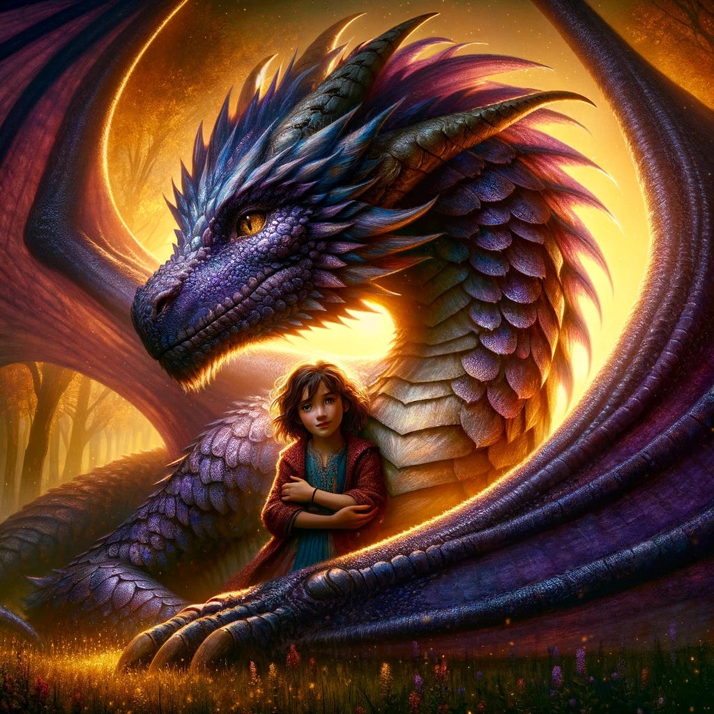 Imagine a majestic, regal dragon with scales shimmering in the hues of twilight, encompassing every shade from deep indigo to the softest lavender. This grand creature exudes an aura of strength and wisdom, with large, gentle eyes. Nestled within the curve of the dragon's massive claws is a young girl, around nine years old, embodying youthful exuberance. She has short, untamed hair and wears clothes that are vibrant and somewhat wild, reflecting her spirited nature. They are in a tranquil clearing, bathed in the golden light of the setting sun, highlighting the serene bond between them. The scene symbolizes the unbreakable bond between courage and love, in a world filled with magic.