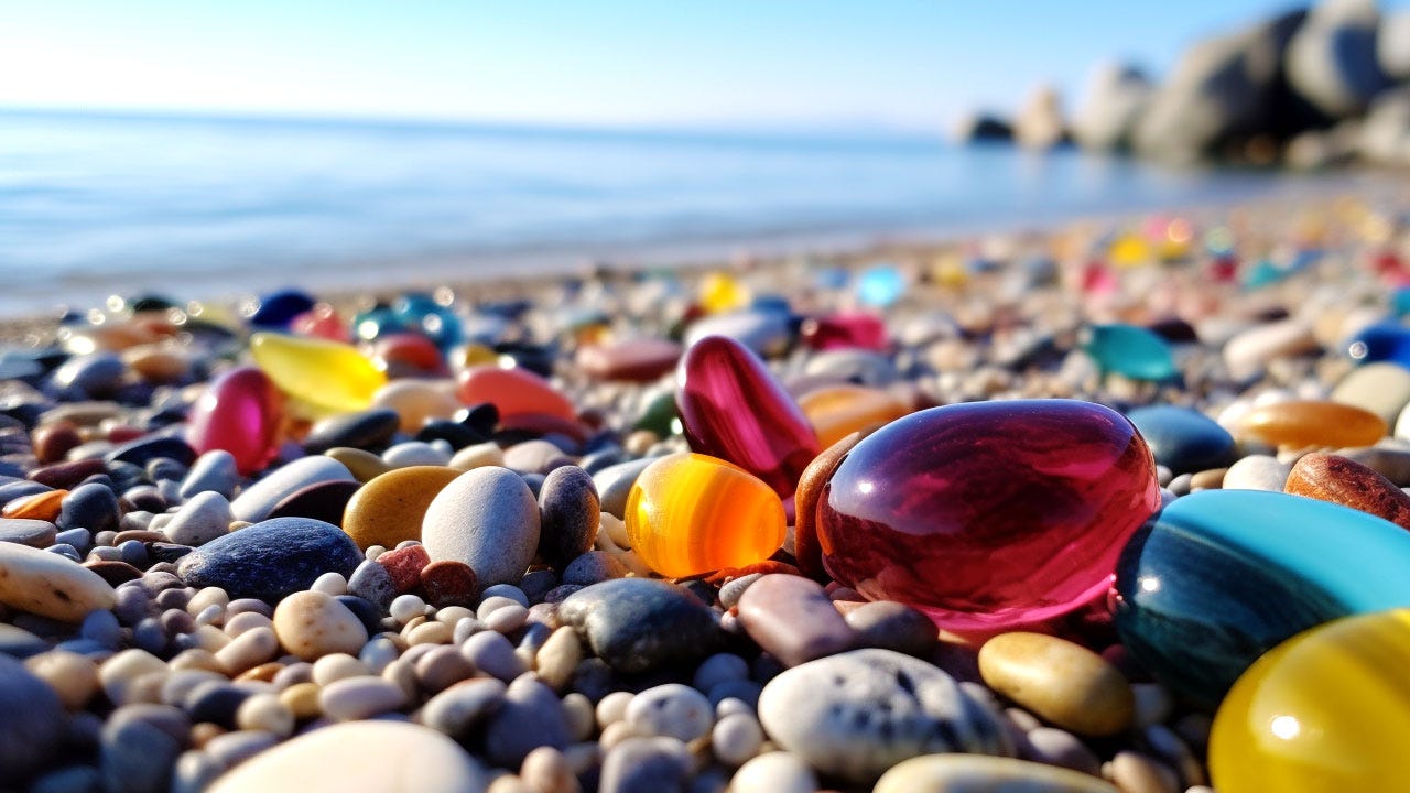 Contemporary Poetry, May 2023, Pulitzer Prize, Computer Programs in Poetry, Poetry Education, Poetry Analysis, Poetry Trends, Poetry Technology, Poetry Awards.colorful glass beads on the beach, in the style of bold chromaticity, colorful dreams, surrealistic elements, matte photo, playful use of perspective, high resolution, national geographic photo