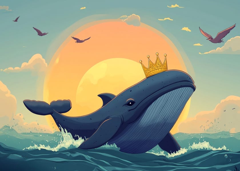 a whale wearing a gold crown on his head coming out of the ocean (lower half of his body still in the water) with the sun behind him and a few birds high in the sky flying in front of the sun. cartoon style 2d.