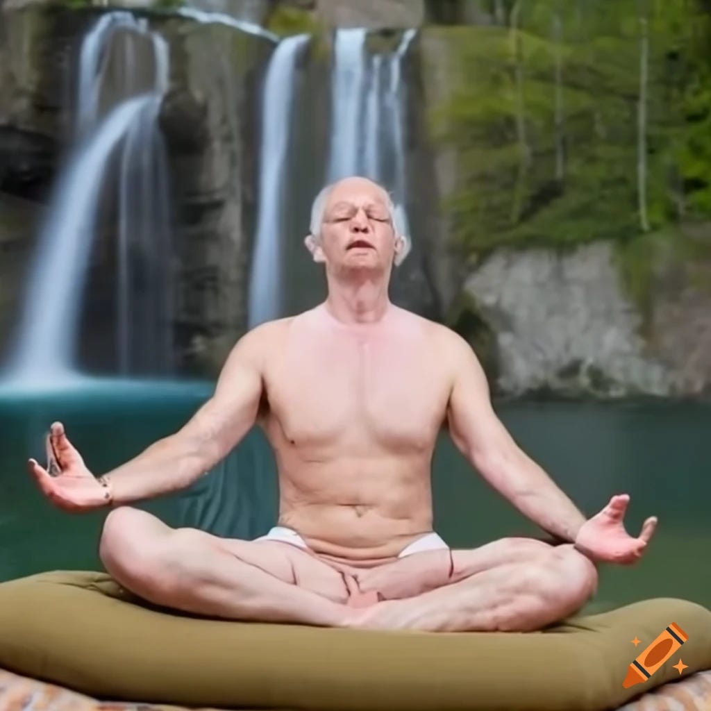 a middle aged white man meditating on a cushion in front of a waterfall