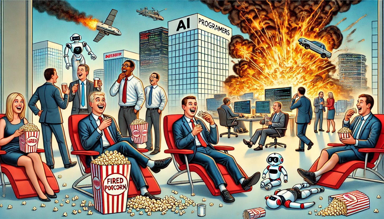 A humorous digital illustration of a group of fired programmers sitting in lounge chairs, laughing and enjoying popcorn while watching a chaotic corporate disaster unfold. In the background, executives scramble as AI-generated code wreaks havoc—servers are catching fire, robots are malfunctioning, and error messages flood giant screens. The programmers are relaxed, handing out popcorn bags to each other, completely unfazed by the chaos.