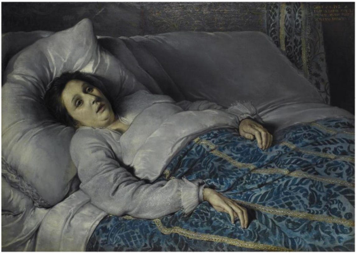 A painting of a woman who looks young yet seems to be ill or dying.