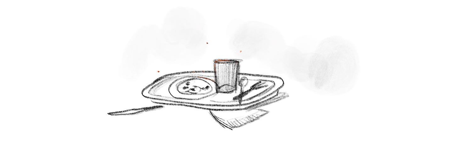 A sketch of a cafeteria tray with bits of food left on the plate. The edges of things are like embers, smoking a bit.