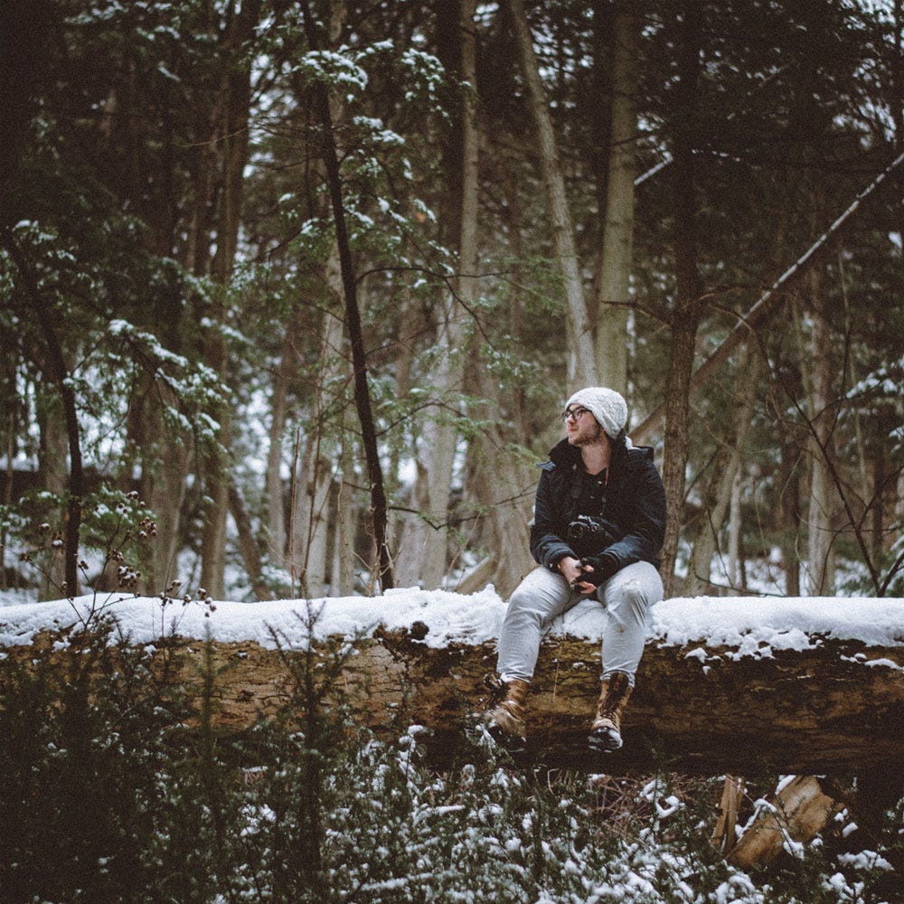 man sitting in nature on a fallen tree trunk