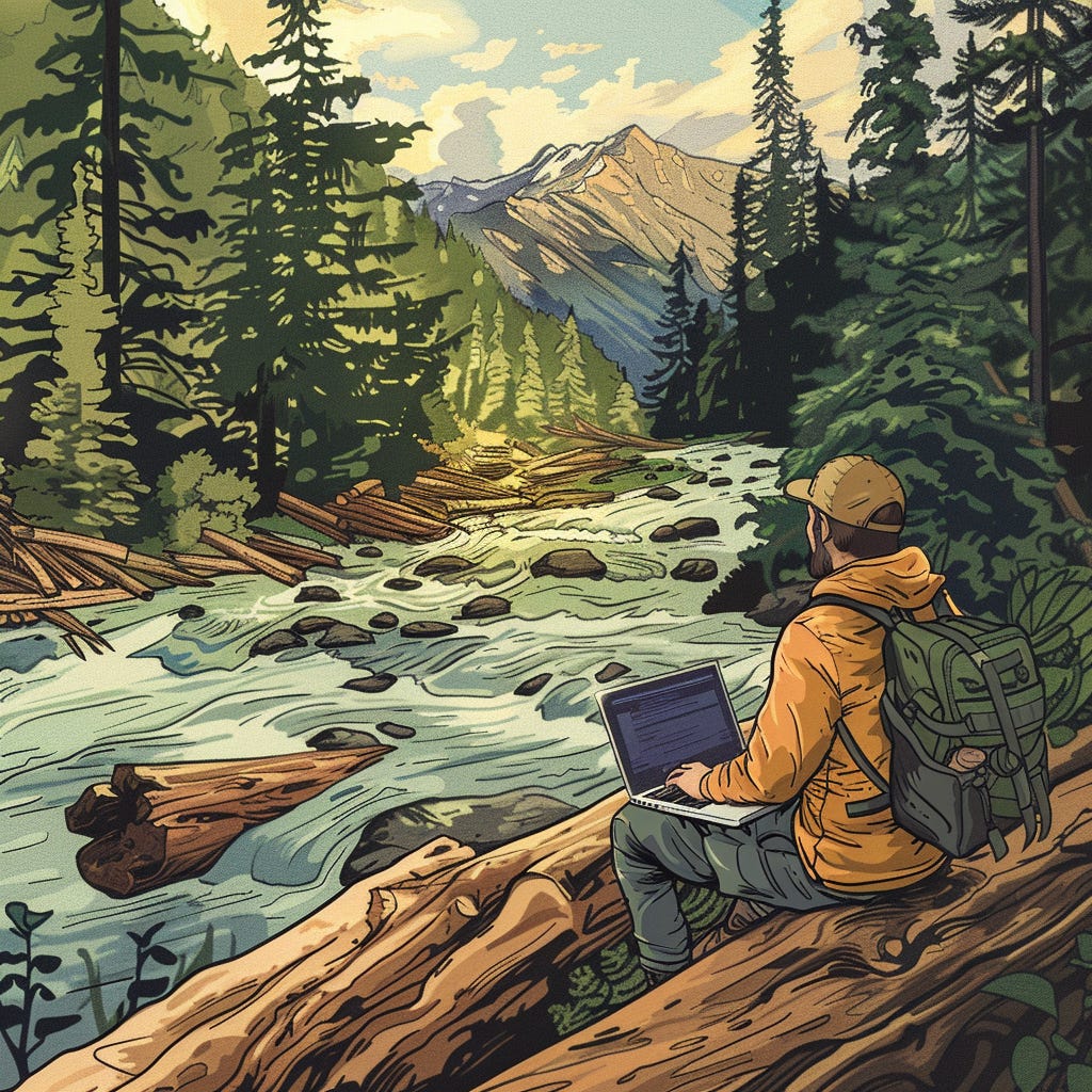 A software engineer watching wood logs floating down the river