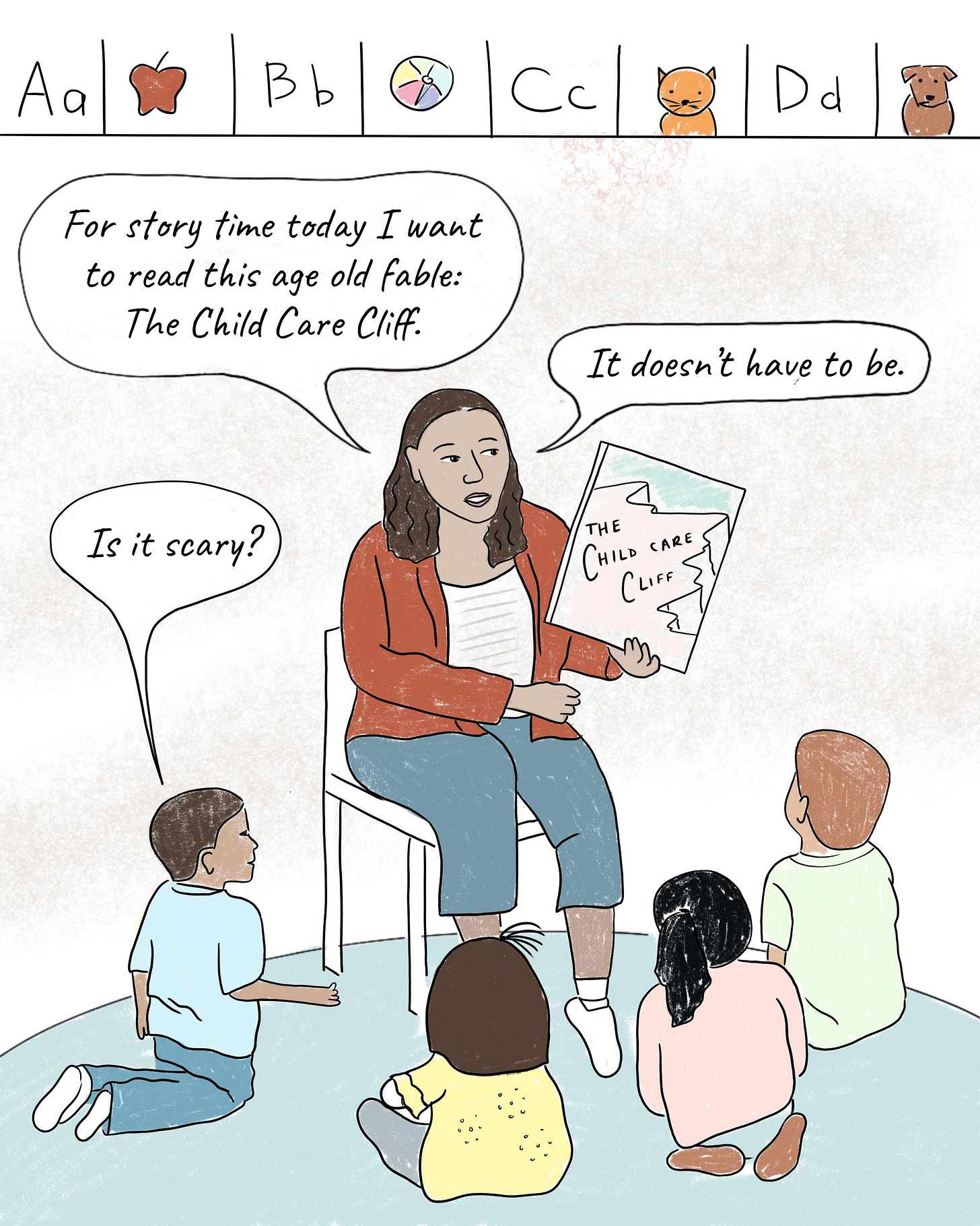 A teacher reads a story to a class of young children, entitled: “The Child Care Cliff. The teacher says: For story time today I want to read this age old fable: The Child Care Cliff.  A child raises his hand and asks: ïs it scary? The teacher replies: ït doesn’t have to be.”