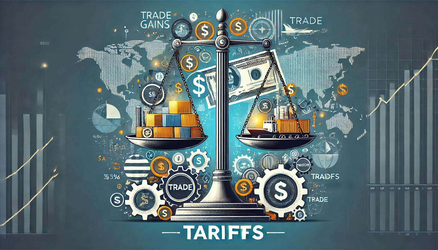 A visually engaging header illustration for a blog post about tariffs, blending symbolic economic and trade elements. The image features a balance scale with contrasting sides: one side has money, representing economic gains, and the other side has goods like a shipping container and factory gear, representing trade. Surrounding the scale, elements such as world maps, trade routes, and tariff documents with clear text spelling 'tariffs' give context. The theme is serious yet inviting, emphasizing the economic and policy aspects of tariffs. Digital art style with a modern and professional tone.