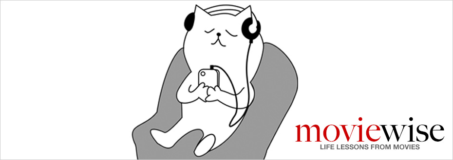 A cartoon cat with eyes closed serenely listens through headphones that are plugged in to an iPhone-like device.