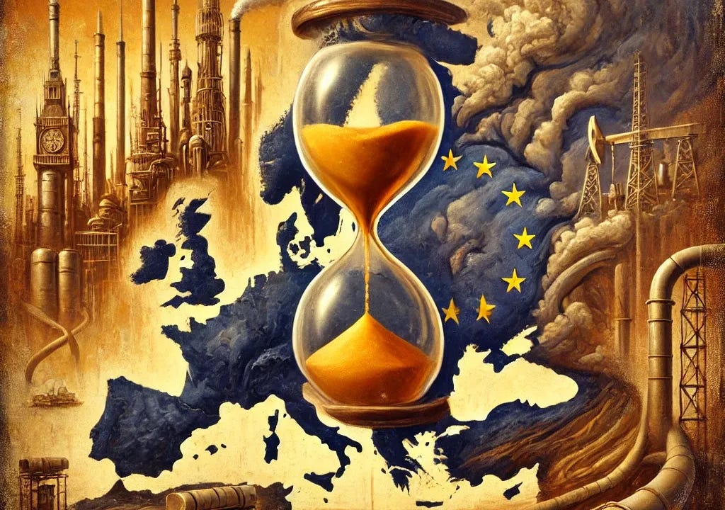A traditional oil painting-style image with a surrealist and abstract interpretation of Europe's economic and technological struggles. The painting appears aged, with visible brushstrokes and textured canvas. A fractured European continent is depicted, its edges dissolving into the background. A large hourglass in the center shows sand flowing away from Europe toward the U.S. and China, symbolizing economic shift. In the background, towering industrial and technological cities rise in warm, golden hues, while Europe remains in shadowy, cool tones. Oil pipelines twist around Europe like vines, emphasizing dependence. The overall color scheme is moody, with a classical painting aesthetic.