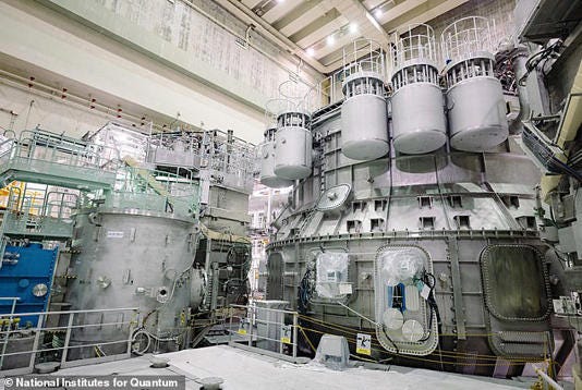 Pictured, the JT-60SA, the world's biggest nuclear fusion reactor constructed to date, prior to its inauguration in the city of Naka, Ibaraki prefecture, Japan