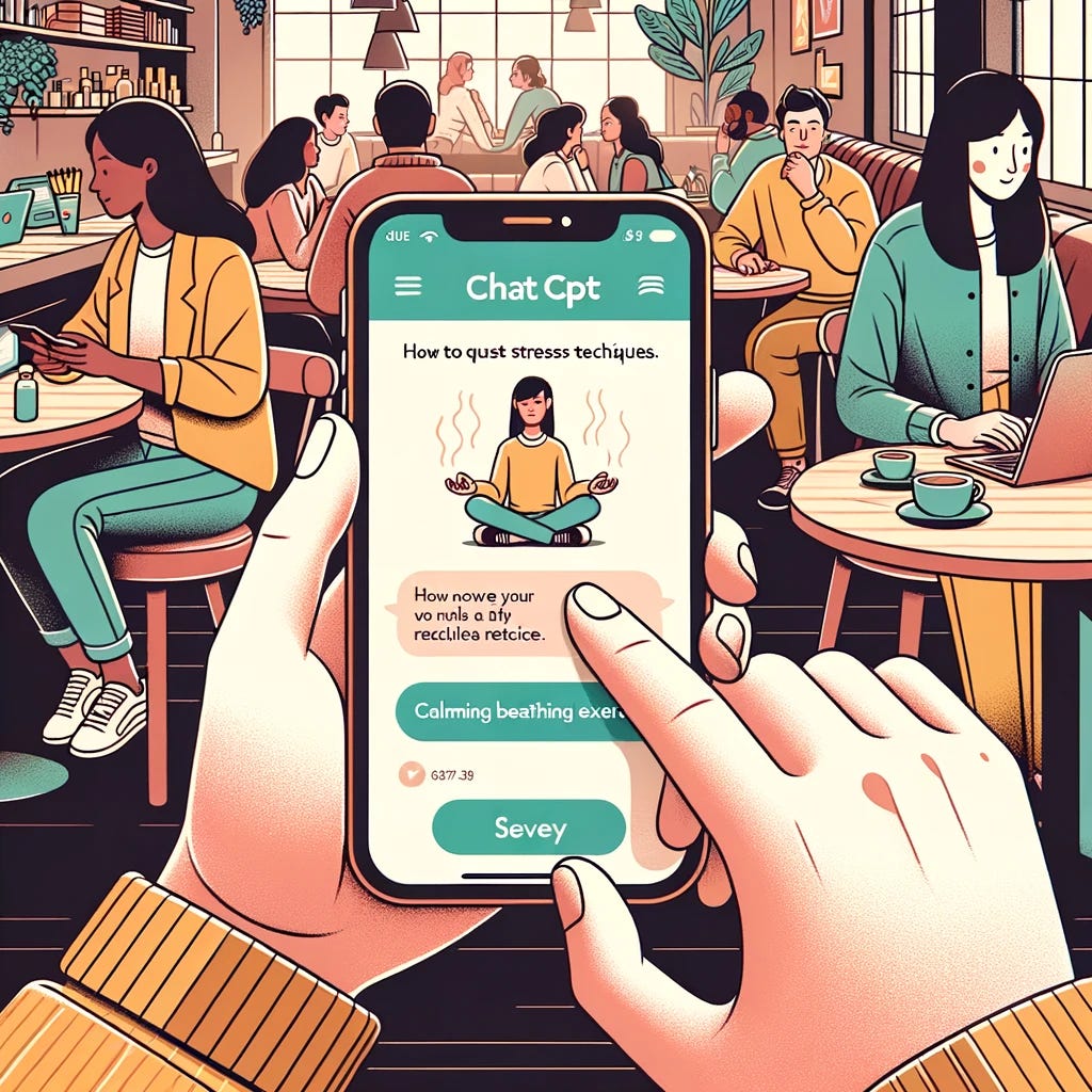 Illustration of a person of Asian descent using the ChatGPT mobile app on their phone while sitting at a cafe. The phone screen visibly shows a conversation where the user inquires about stress-relief techniques, and ChatGPT provides a calming breathing exercise. The cafe background is cozy with other diverse individuals chatting or working on their laptops.