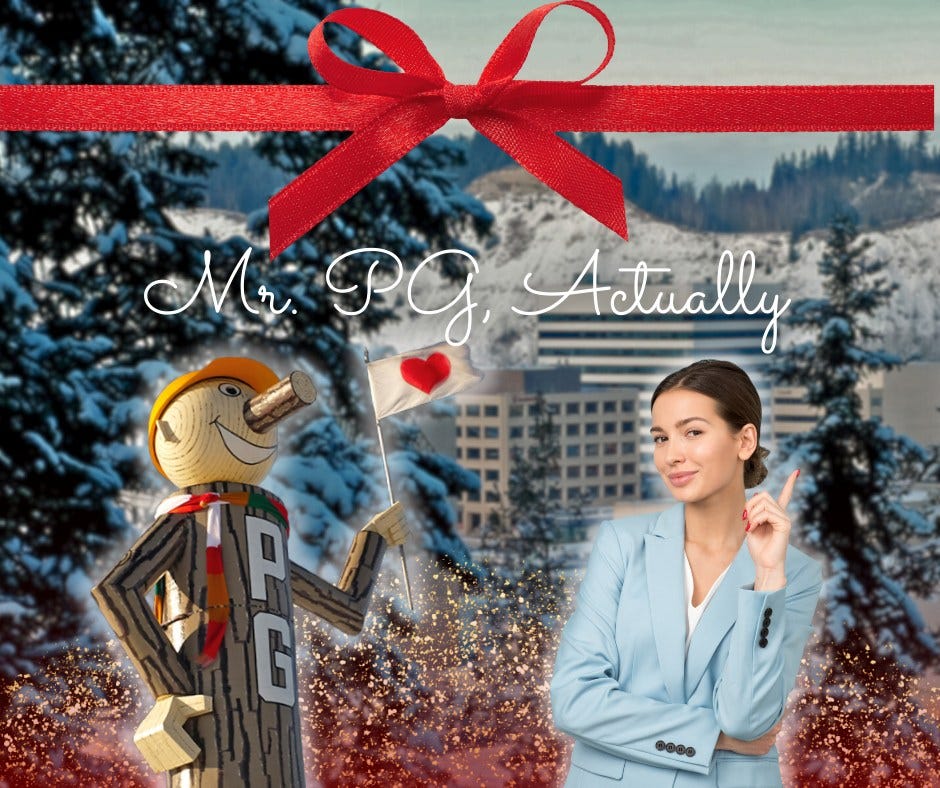 Mr PG wearing a knitted scarf and holding a flag with a heart on it next to a big city business woman. Graphic text reads: Mr. PG, Actually