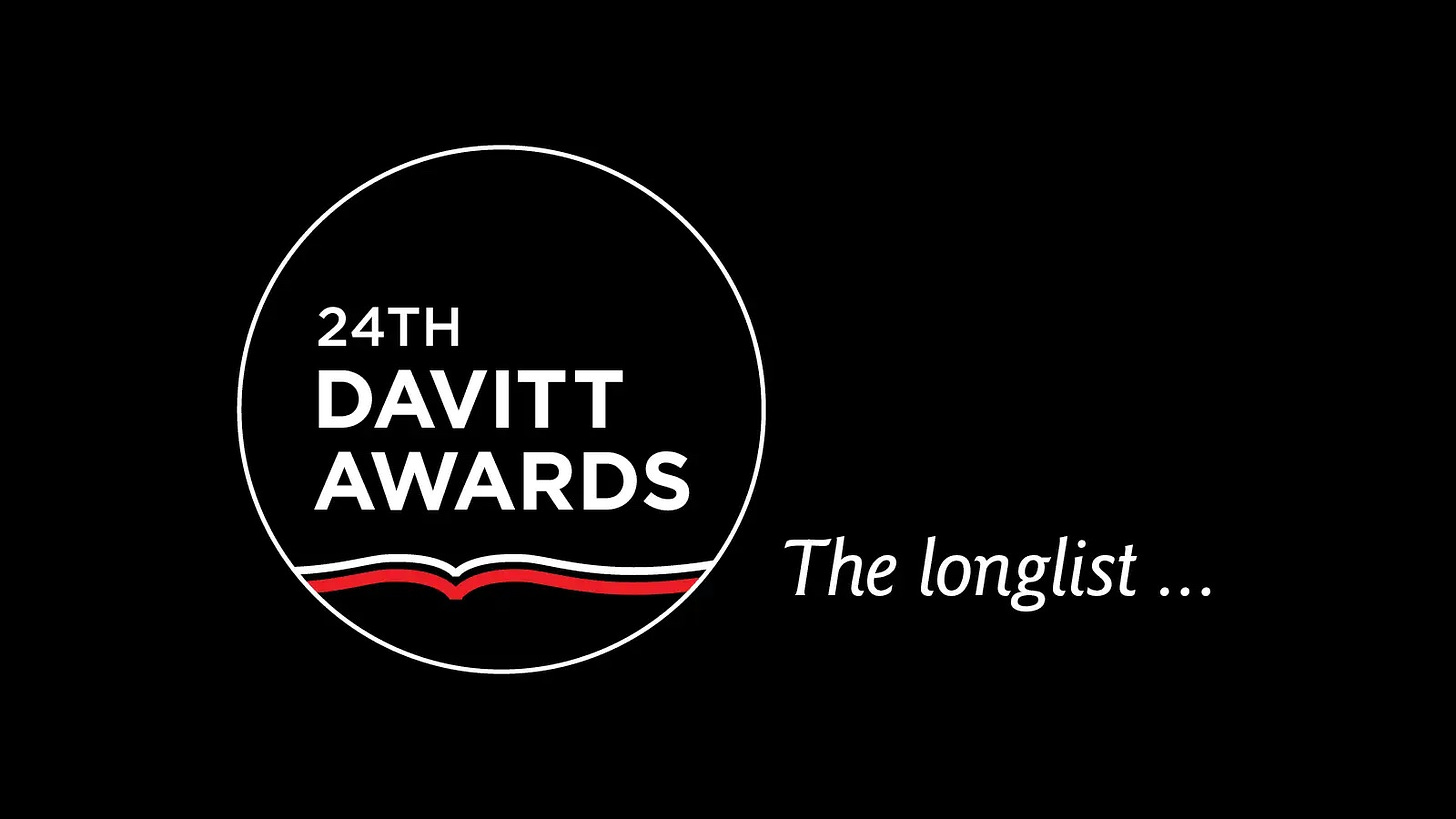  A black background with white text and a white circle with red and white book lines. 24th Davitt Awards. The Longlist