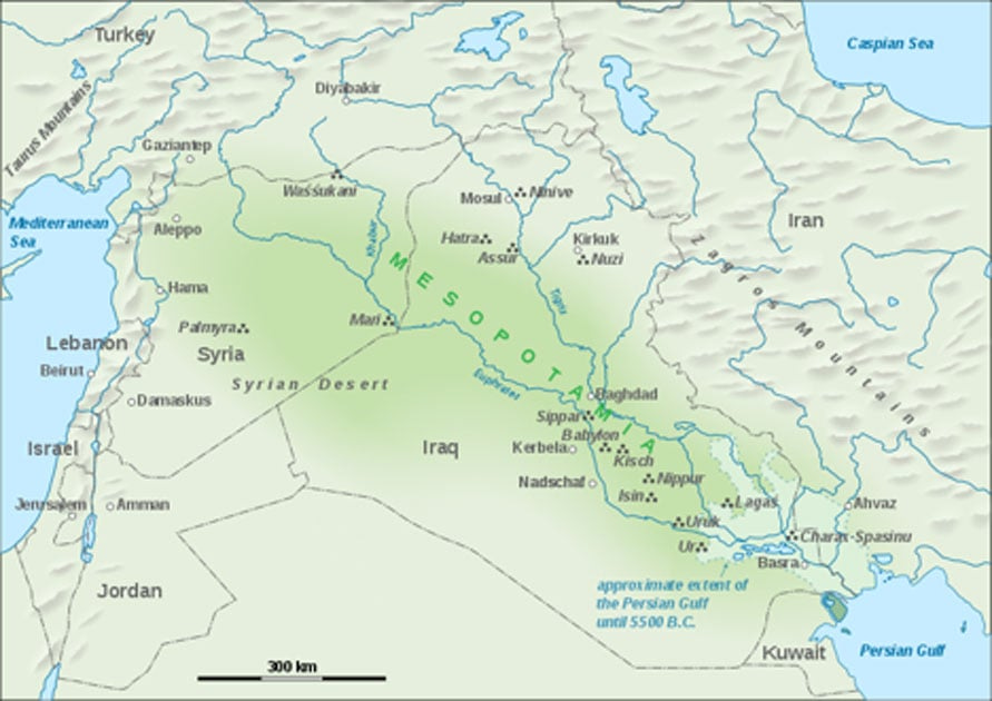 Map of Mesopotamia, showing ancient city-states of Sumer, including Nippur, Mari and Uruk, as well as present-day Lebanon. (CC BY-SA 3.0)