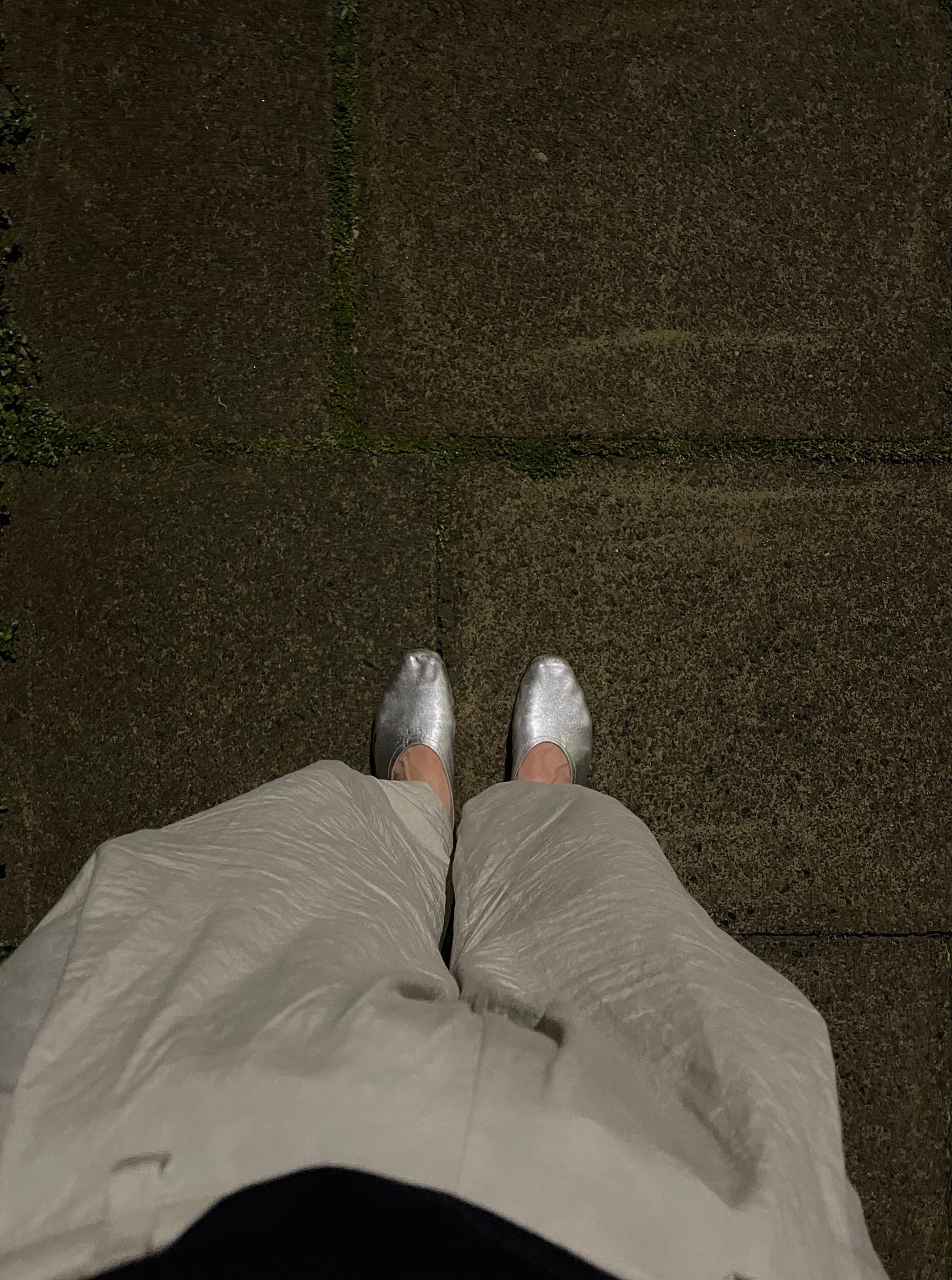 Overview of woman’s silver shoes facing down