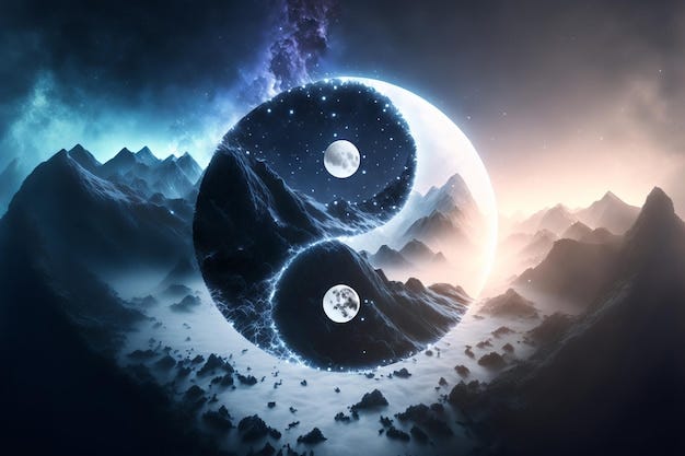 Ilustração de ia generativa do símbolo yin e yang contra o cume da montanha  à noite | Foto Premium
