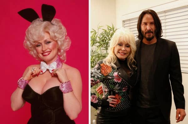 Two images: Left, a person dressed as a classic Playboy bunny. Right, two people posing together, one in floral leather style, the other in a suit