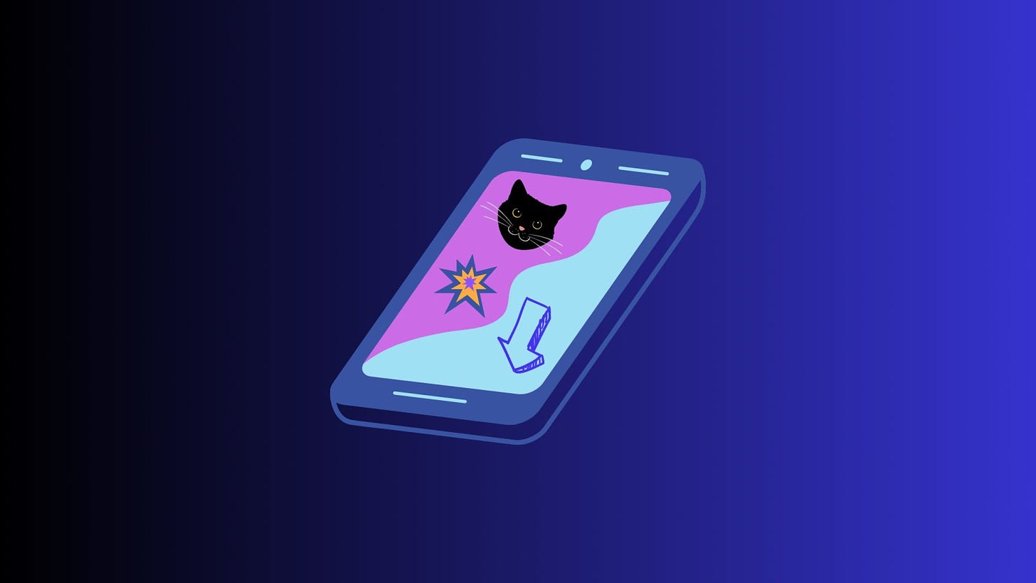 Image of smartphone with cat face, arrow and explosion symbol inside