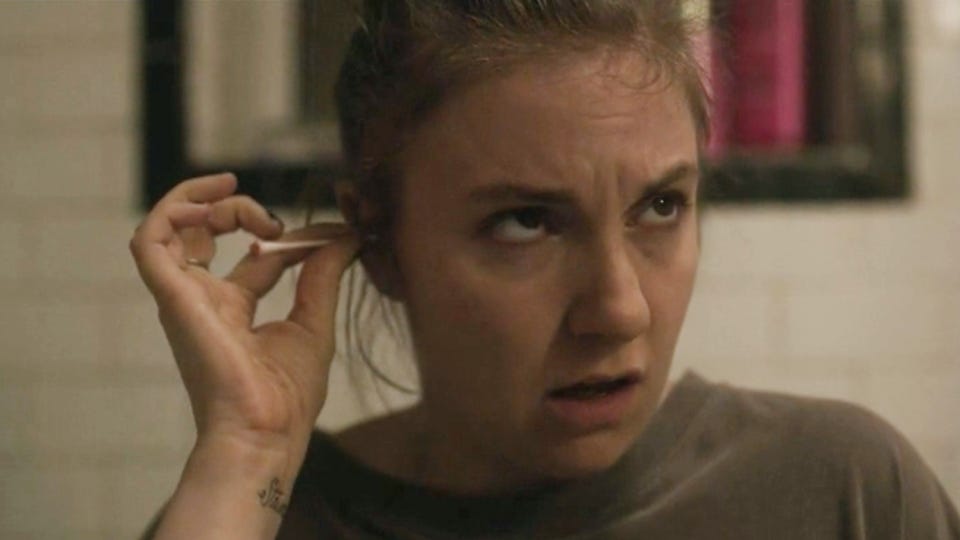 Screengrab from the horrible scene on Girls where Hannah pops her eardrum with a Q-tip.