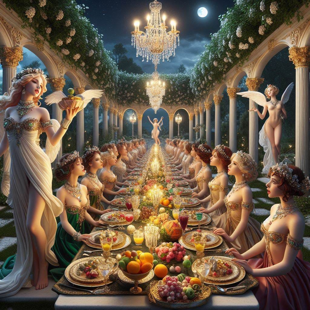 show me an outdoor Renaissance loggia in a garden at night with angelic girls scantily dressed in pearls, emeralds, diamonds and rubies leading courtly gentlemen to a banquet with elixirs and marzipan fruits in gold and silver vases 