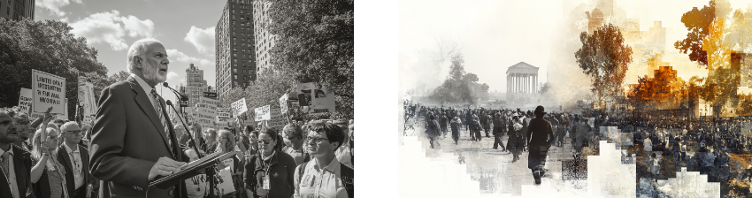 Two contrasting protest scenes: the left is a black-and-white photo of an elderly man speaking at a rally surrounded by protesters holding signs, set against a city backdrop. The right is an abstract, mixed-media illustration of a large protest march with fragmented, pixelated elements and a classical building in the distance, blending historical and modern artistic styles.