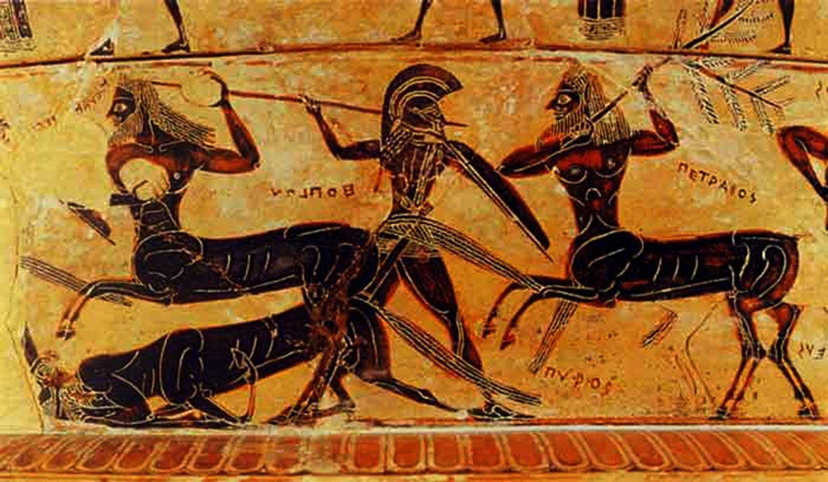 a screen shot of a vase painting showing the battle of thethe lapiths-and-centaurs