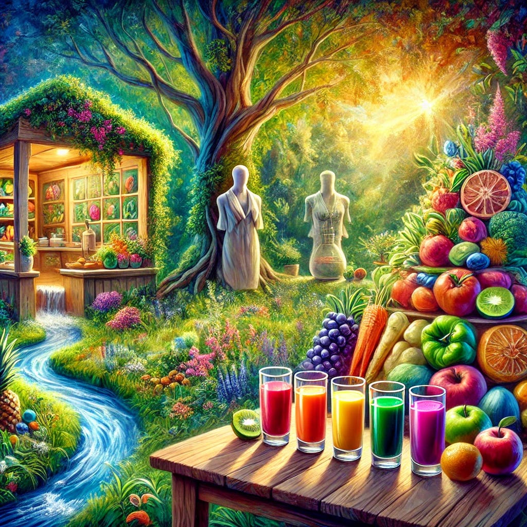 A vibrant and artistic oil painting representing the Gerson Therapy's holistic healing philosophy. The scene features a lush garden filled with vibrant organic fruits and vegetables, symbolizing the nutrient-dense plant-based diet. Nearby, a pristine kitchen with colorful glasses of freshly prepared juices is highlighted, showcasing the hourly juice protocol. In the background, a serene environment with clean air and water elements, symbolizing detoxification and environmental purity. A gentle stream represents the liver detox process, while soft, glowing light suggests cellular healing. The overall atmosphere conveys harmony, rejuvenation, and natural health, with expressive brushstrokes and rich colors.