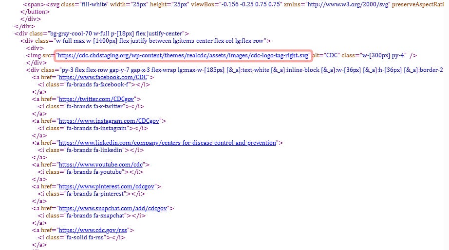 The page source code shows that the staging domain uses real CDC social media accounts in its footer. The page source code shows that the staging domain uses real CDC social media accounts in its footer.