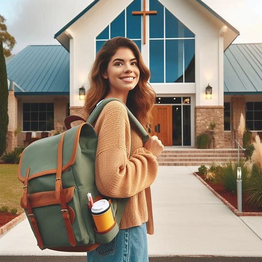 Una persona en ropa casual llegando a una iglesia evangelica por la primera vez con mochila. Image 3 of 4
