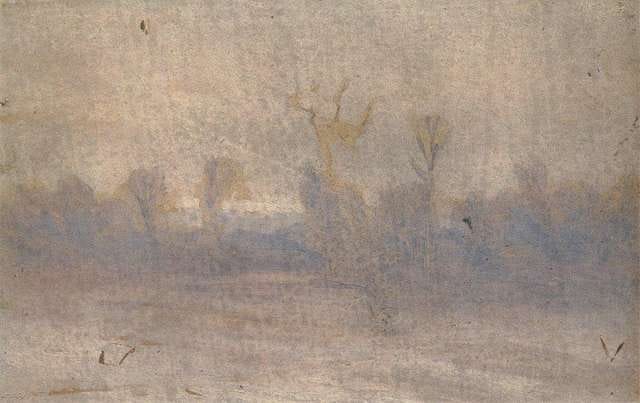 landscape painting of foggy trees