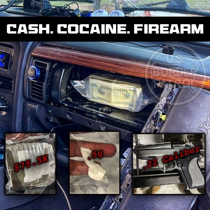 $75.5K vacuum-sealed, a .22 caliber pistol, and .5 grams of cocaine discovered inside a smuggler's vehicle in South Texas on March 31, 2025. $75.5K vacuum-sealed, a .22 caliber pistol, and .5 grams of cocaine discovered inside a smuggler's vehicle in South Texas on March 31, 2025.