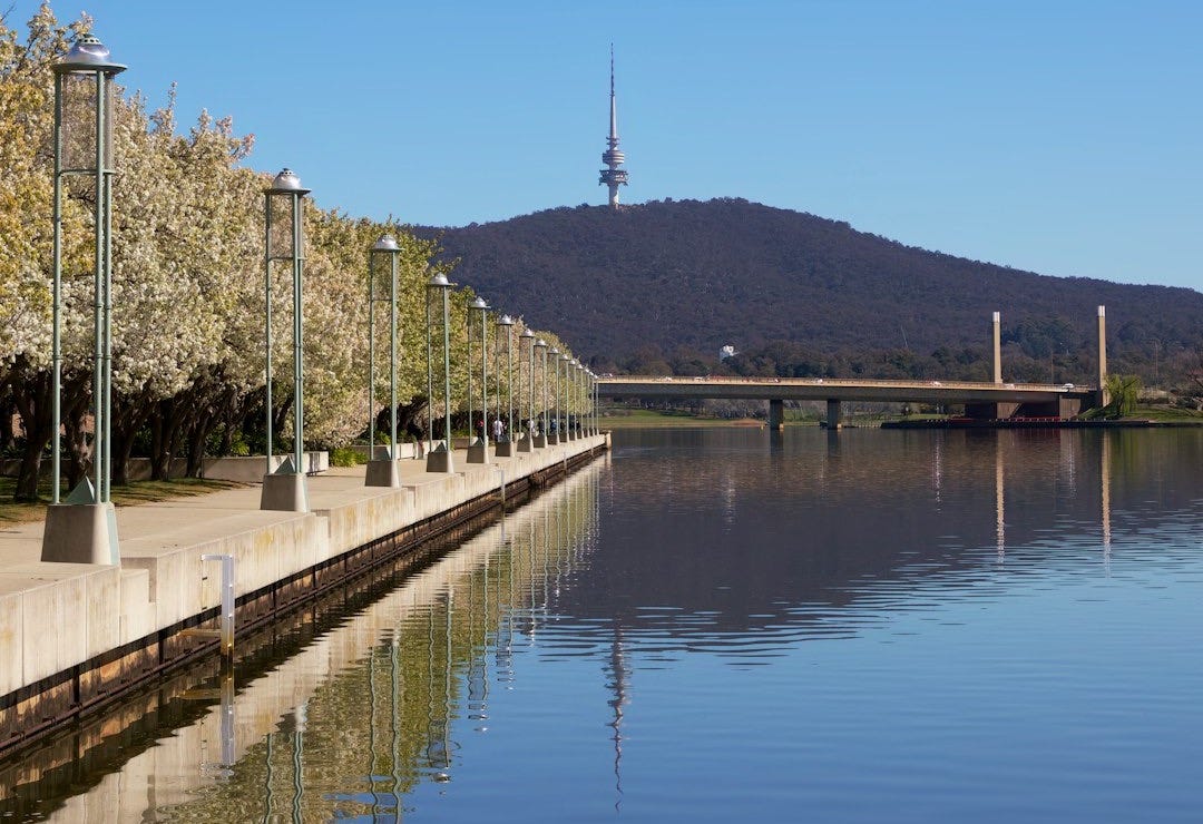 a body of water surrounded by trees and a bridge