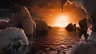 fermi paradox - graphic illustration of an alien planet with large rock structures and ocean and a bright orange sun in the sky.