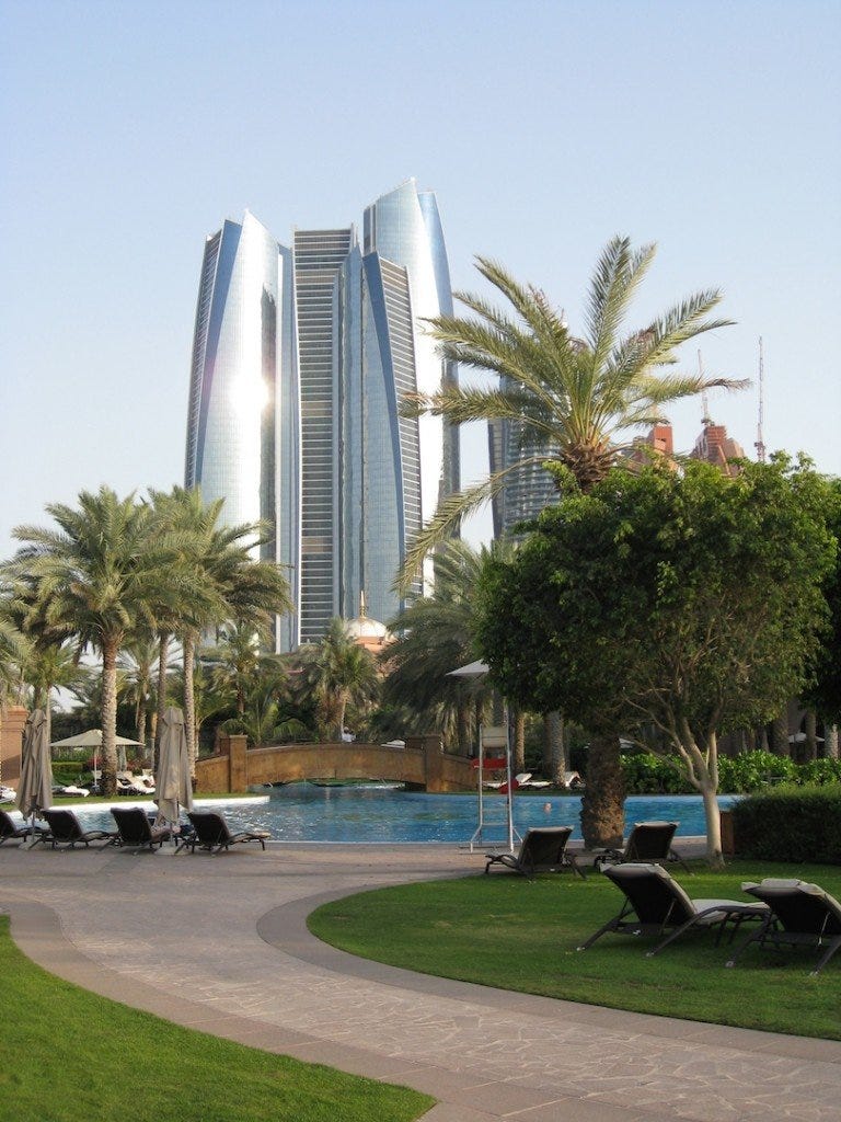 View back to the Etihad towers over the East Wing pool