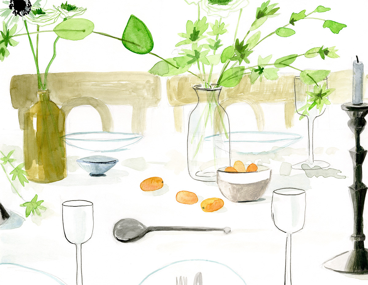 Lindsay's watercolor painting of a Seder table